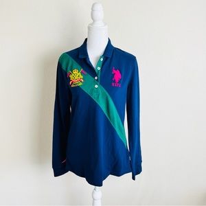 Polo Navy Blue & Green Striped Embroidered Long Sleeve Button Up Collared Blouse